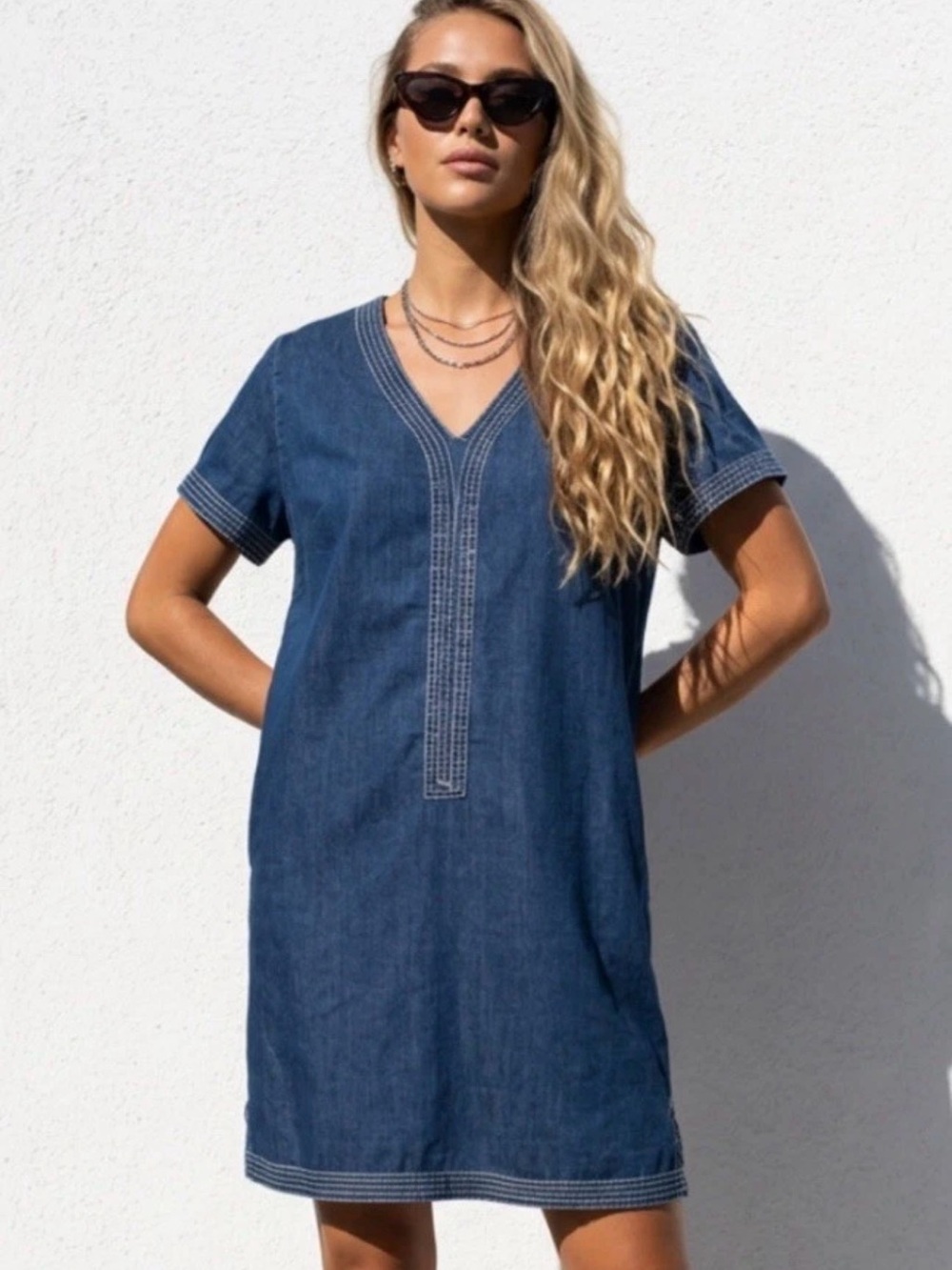 Soft Surroundings Blue Denim V-Neck Tunic Dress